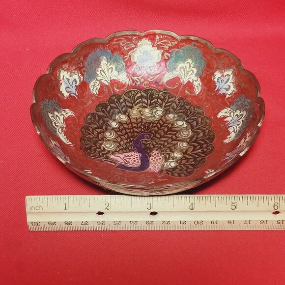 Vintage Indian Etched Brass Metal Peacock Pedestal Red Bowl Trinket Dish - Picture 7 of 11